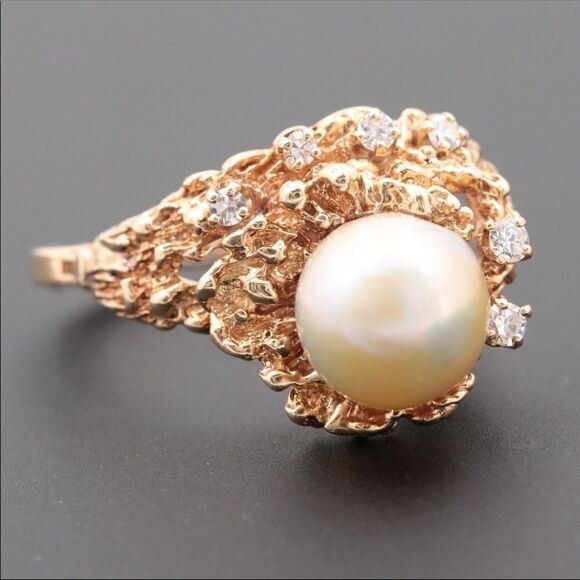 14K gold pearl and diamond ring size 5.25 - Picture 1 of 8